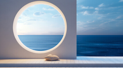 Ein Rundes Fenster mit Meerblick. Generiert mit KI