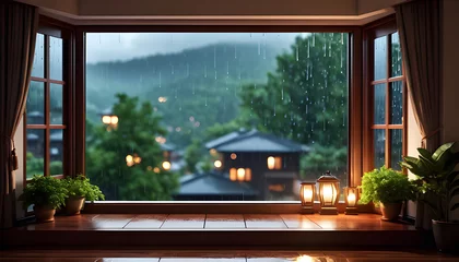 Fotobehang living room open window rainy atmosphere peaceful style © HecoPhoto