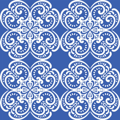 Pattern blue and white.Original traditional Portuguese and Spain decor.Seamless pattern tile with Victorian motives.Ceramic tile in talavera style. Ornamental blue and white patterns for any decor.