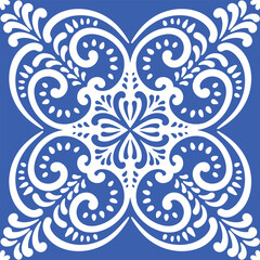Pattern blue and white.Original traditional Portuguese and Spain decor.Seamless pattern tile with Victorian motives.Ceramic tile in talavera style. Ornamental blue and white patterns for any decor.
