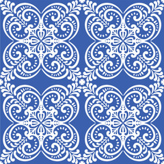 Fototapeta na wymiar Pattern blue and white.Original traditional Portuguese and Spain decor.Seamless pattern tile with Victorian motives.Ceramic tile in talavera style. Ornamental blue and white patterns for any decor.