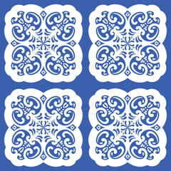 Pattern blue and white.Original traditional Portuguese and Spain decor.Seamless pattern tile with Victorian motives.Ceramic tile in talavera style. Ornamental blue and white patterns for any decor.