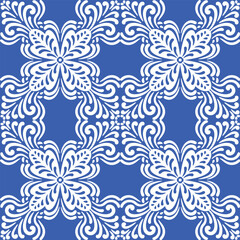 Fototapeta premium Pattern blue and white.Original traditional Portuguese and Spain decor.Seamless pattern tile with Victorian motives.Ceramic tile in talavera style. Ornamental blue and white patterns for any decor.