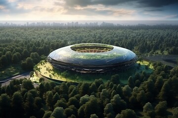 A Bird's-Eye View of a Contemporary Soccer Stadium Amidst a Lush Park