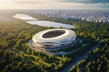 A Bird's-Eye View of a Contemporary Soccer Stadium Amidst a Lush Park