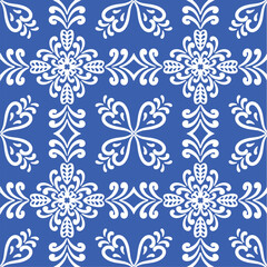 Pattern blue and white.Original traditional Portuguese and Spain decor.Seamless pattern tile with Victorian motives.Ceramic tile in talavera style. Ornamental blue and white patterns for any decor.