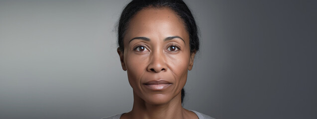 Studio headshot portrait of attractive middle aged black woman, natural look, serious and neutral expression with gray background