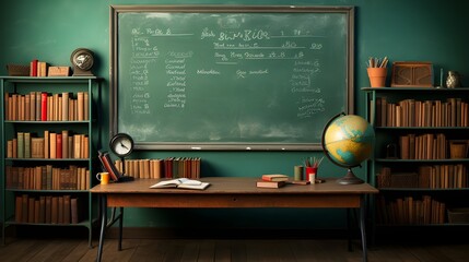 Green Chalkboard and a Desk with Books and Earth Globe in a School Class  - Powered by Adobe