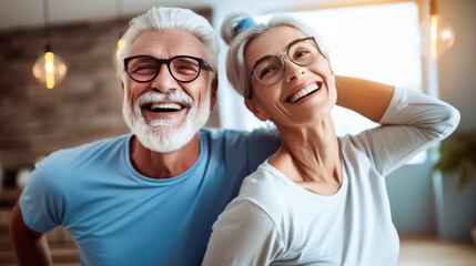 A senior couple in relaxed moment After a sports session in their cozy living room. Happy older Couple making sport in Their Home. Generative Ai - obrazy, fototapety, plakaty