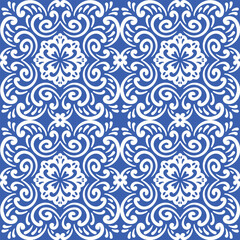 Pattern blue and white.Original traditional Portuguese and Spain decor.Seamless pattern tile with Victorian motives.Ceramic tile in talavera style. Ornamental blue and white patterns for any decor.