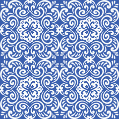 Pattern blue and white.Original traditional Portuguese and Spain decor.Seamless pattern tile with Victorian motives.Ceramic tile in talavera style. Ornamental blue and white patterns for any decor.