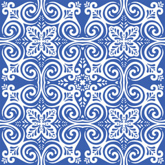 Pattern blue and white.Original traditional Portuguese and Spain decor.Seamless pattern tile with Victorian motives.Ceramic tile in talavera style. Ornamental blue and white patterns for any decor.