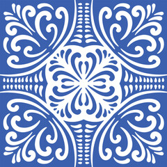 Pattern blue and white.Original traditional Portuguese and Spain decor.Seamless pattern tile with Victorian motives.Ceramic tile in talavera style. Ornamental blue and white patterns for any decor.