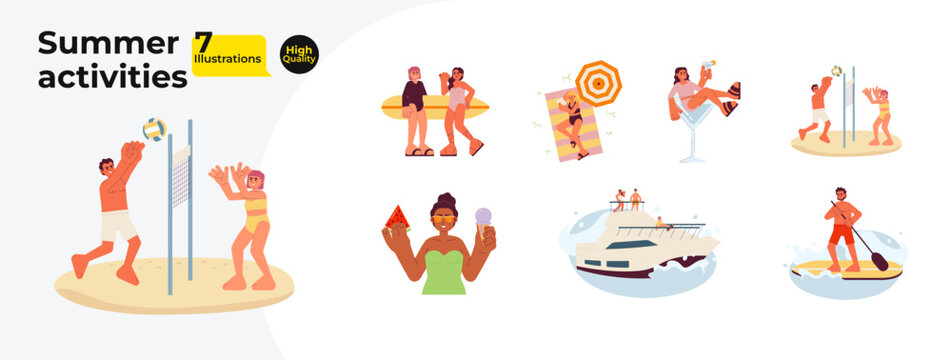 Summer beach activities cartoon flat illustration bundle. Summertime diverse people 2D characters isolated on white background. Volleyball players, watersport leisure vector color image collection