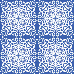 Pattern blue and white.Original traditional Portuguese and Spain decor.Seamless pattern tile with Victorian motives.Ceramic tile in talavera style. Ornamental blue and white patterns for any decor.
