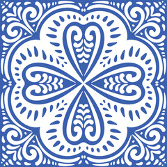 Pattern blue and white.Original traditional Portuguese and Spain decor.Seamless pattern tile with Victorian motives.Ceramic tile in talavera style. Ornamental blue and white patterns for any decor.