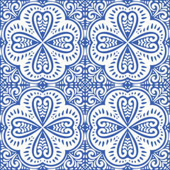 Pattern blue and white.Original traditional Portuguese and Spain decor.Seamless pattern tile with Victorian motives.Ceramic tile in talavera style. Ornamental blue and white patterns for any decor.