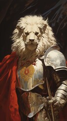 a lion in armor with red cape