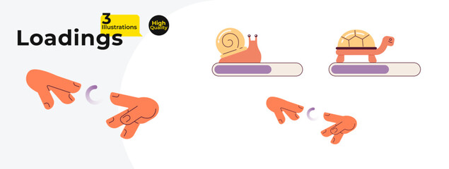 Snail turtle loading bars, spinner vector illustration bundle. Two hands reaching out. Web loaders ui ux. Please wait. Graphical user interface collection. Cartoon flat design on white background