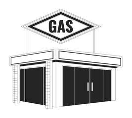 Gas station convenience store black and white 2D line cartoon object. Petrol station shop isolated vector outline item. Refueling services, mini mart building monochromatic flat spot illustration