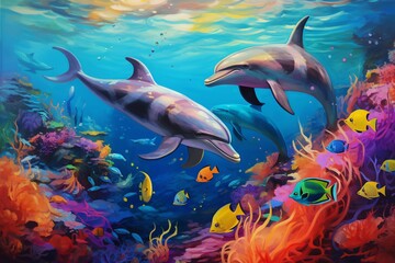 Dolphins' Playtime in Colorful Undersea Paradise