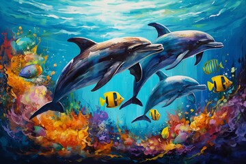 Fototapeta na wymiar Dolphins' Playtime in Colorful Undersea Paradise