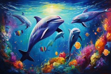 Fototapeta na wymiar Dolphin Pod in Vibrant Underwater World