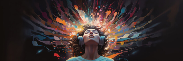 a person with headphones and colour explosion in the background.