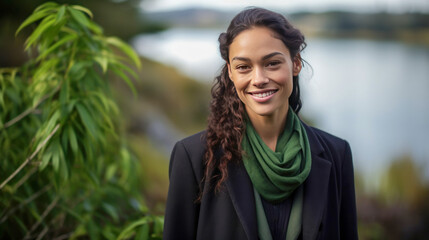 Woman with flowing locks and vibrant green scarf.