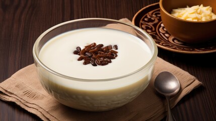 Vanilla pudding with raisins in a glass on a wooden table