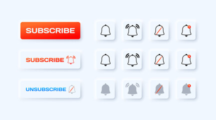 Subscribe and notification button icons. Flat, color, subscribe button, icons for turning notification bells on and off. Vector icons