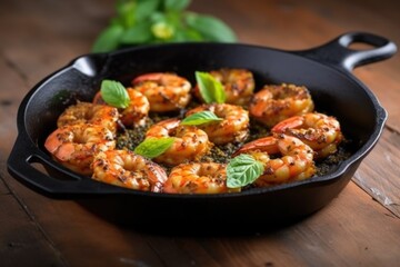 skewered bbq spiced shrimp in a cast iron pan