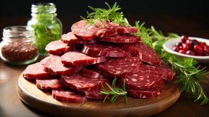 Sliced salami on a white background. Generative AI.