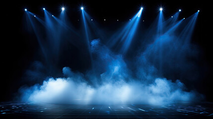 Stage and blue and orange smoke night lightning in fog searchlight beams. Generative AI