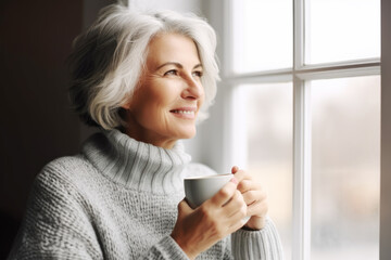 Portrait of happy middle aged woman in cozy sweater holding a cup of hot drink and looking trough the window, enjoying the winter morning at home, side view - obrazy, fototapety, plakaty