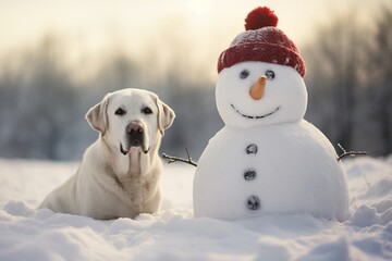 Winter Fun: Labrador and Snowman in the Snow