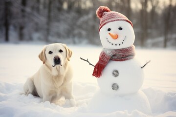 Labrador Dog Building a Snowman in Winter Wonderland