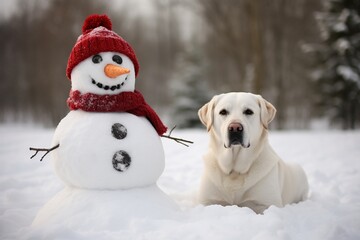 Labrador Dog Building a Snowman in Winter Wonderland