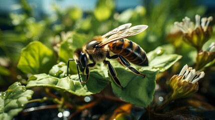 A bee on a clover flower. Generative AI.