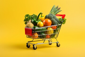 Shopping Trolley Loaded with Vegetables and Fruits in Yellow Studio