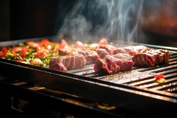 back-lit beef skewers emitting steam on a griddle
