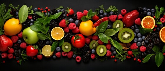Nutritious Ingredients: Top-Down View of Fruits and Veggies on Black