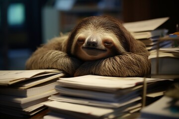 Fototapeta premium Sleepy Sloth Rests on Office Files