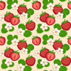 Scattered strawberries and flowers, multicolored fruit background, vector seamless pattern for textiles, wallpaper, packaging.