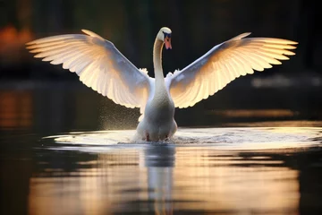 Fototapeten swan honking on a serene lake © altitudevisual