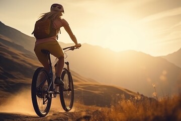 Morning Mountain Ride: Young Woman Cycling on a Beautiful Trail - obrazy, fototapety, plakaty