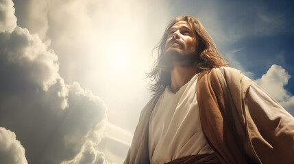 Jesus Christ with open arms against blue sky with white clouds and sun