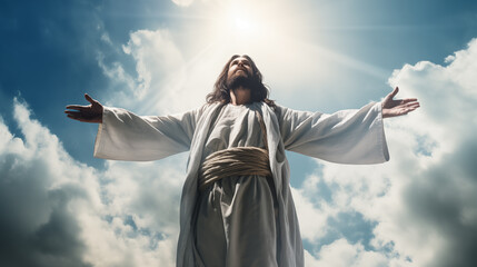 Jesus Christ with open arms against blue sky with white clouds and sun - obrazy, fototapety, plakaty