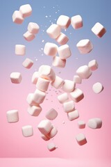 white marshmallows fly in the air on pink blue pastel background