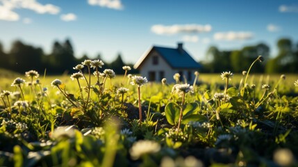 A house sitting on top of a lush green field. Generative AI.